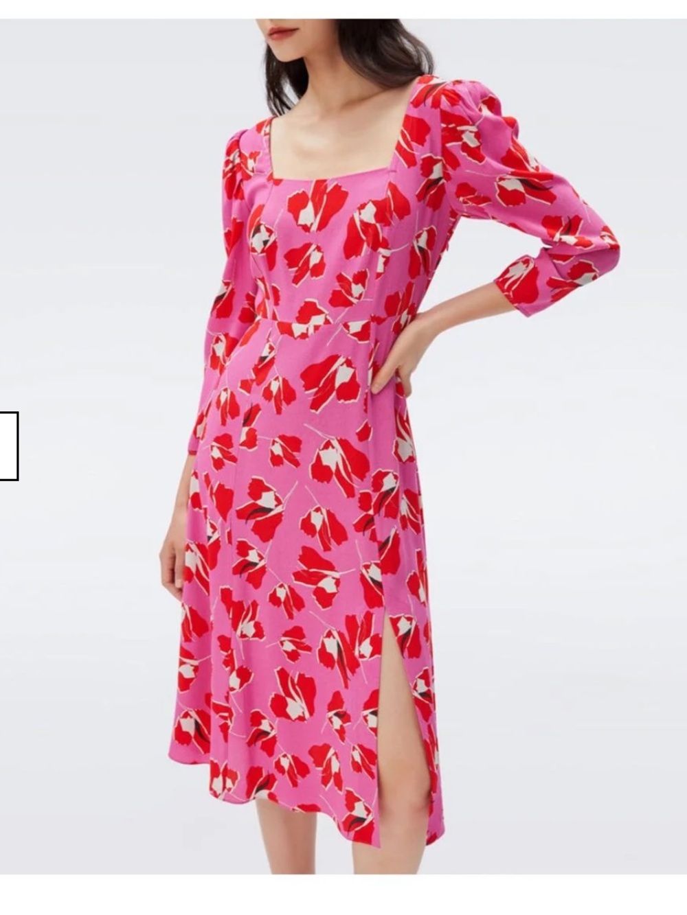 Diane Von Furstenberg DVF Womens Joanna Dress Pink Floral Midi Dress 2 red